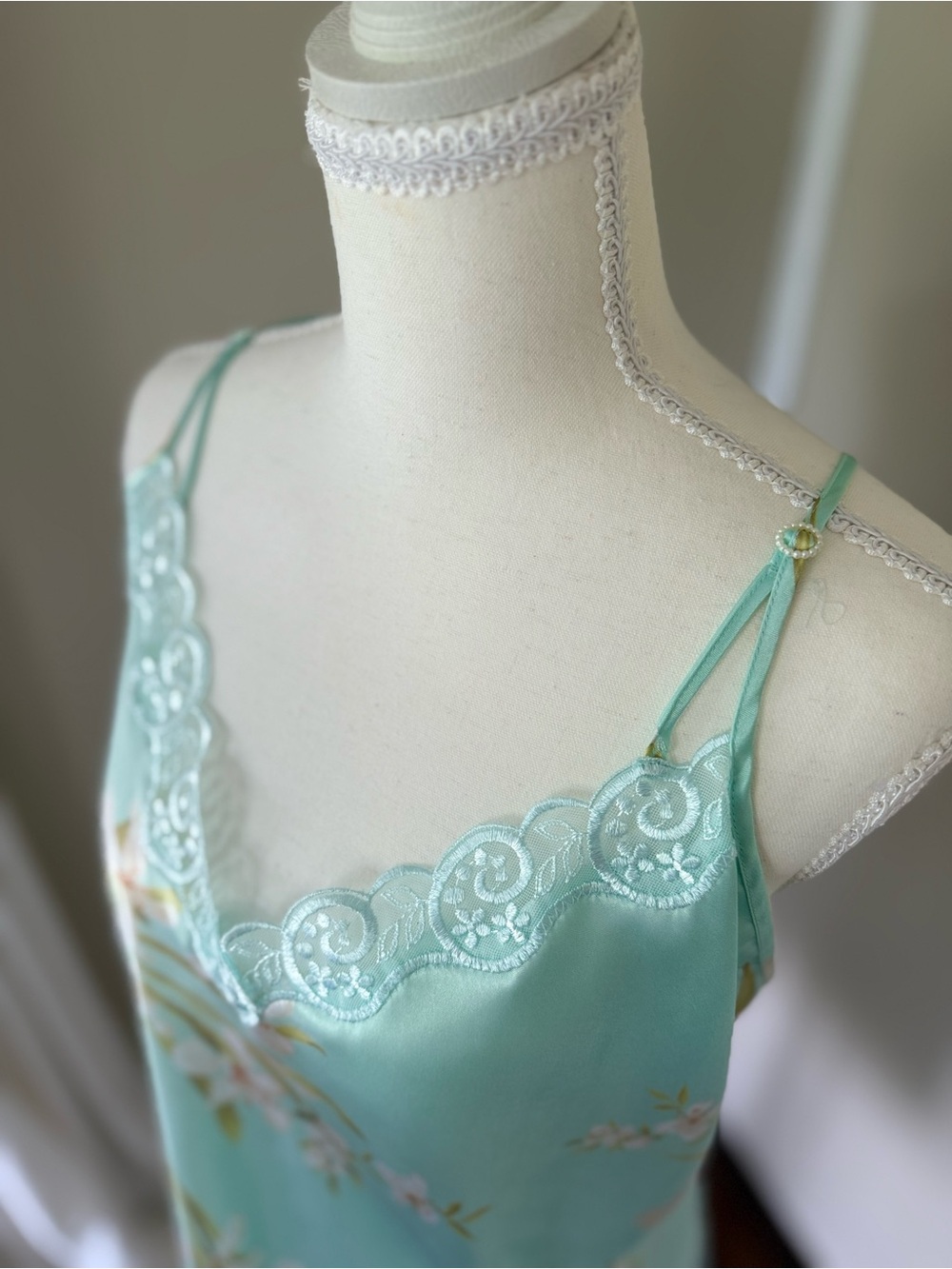Vintage chemise robe set Mint Floral Satin Robe & Chemise Set Lace Trim Plus Siz - Picture 9 of 11